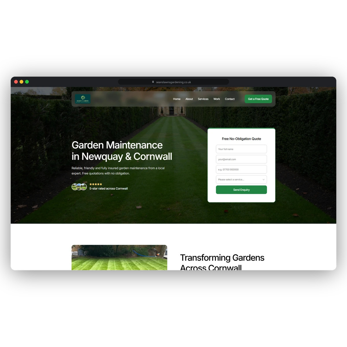 Sean's Lawns website on a desktop browser
