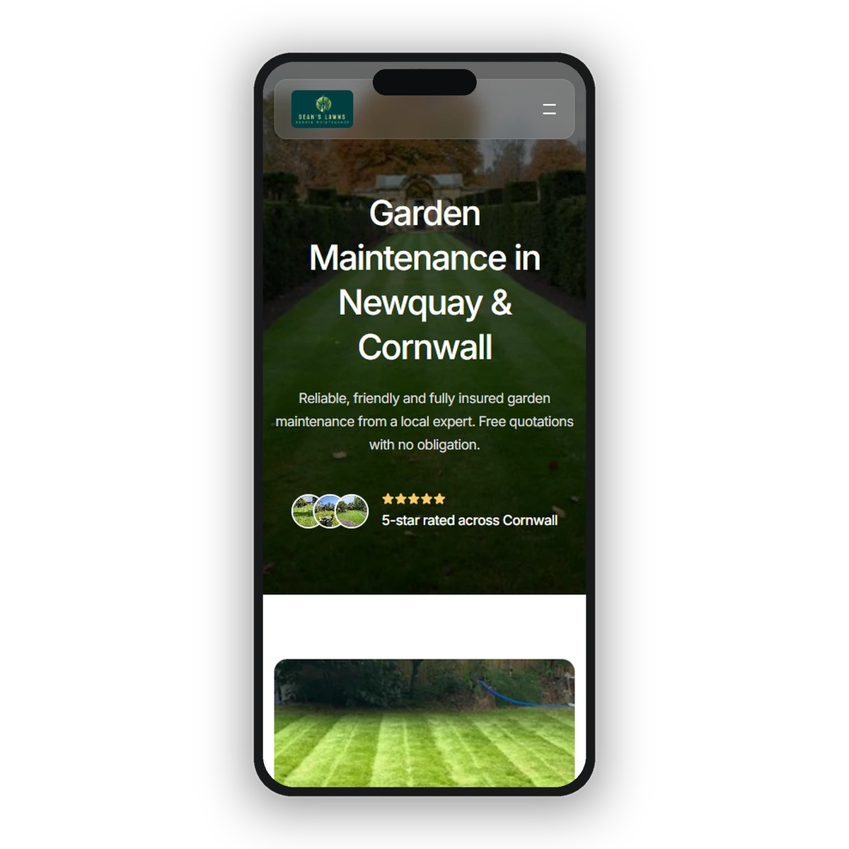 Sean's Lawns website on a mobile phone