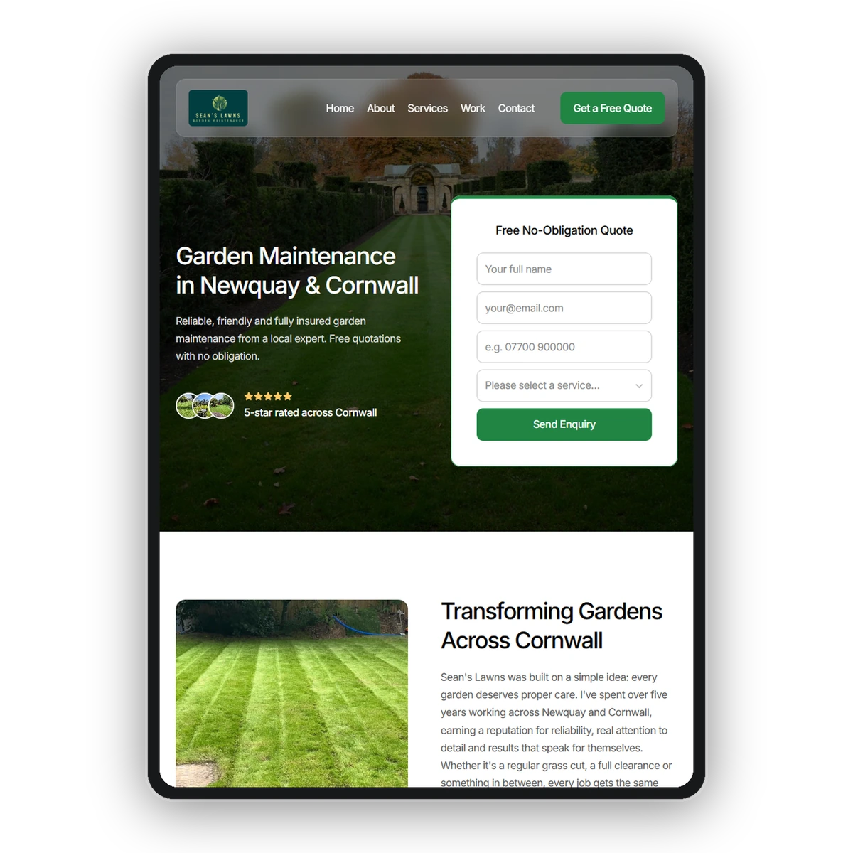 Sean's Lawns website on a tablet