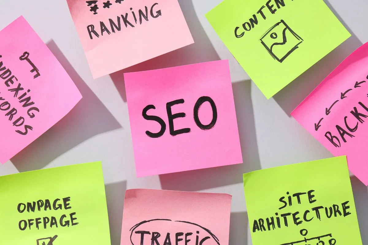SEO elements including keywords, headings and content strategy written on sticky notes
